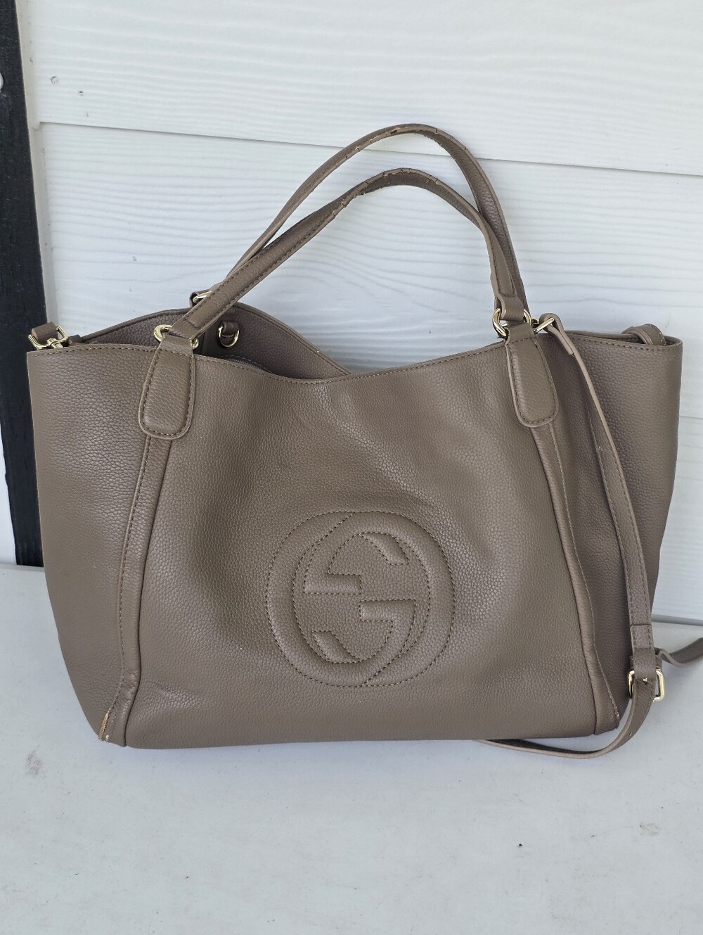 Gucci Soho Brown Pebbled Leather Large Tote Shoulder Crossbody Bag 12x15in